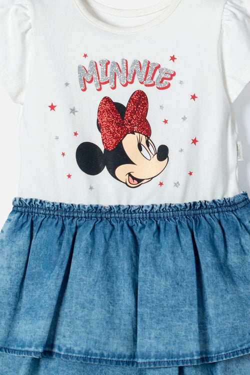 VESTIDO DE MINNIE MOUSE MARFIL Y AZUL DE FALDA CON BOLEROS PARA NIÑA 2T A 5T