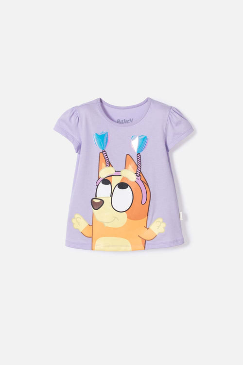 CAMISETA DE BLUEY LILA ESTAMPADA EN FRENTE PARA NIÑA 2T A 6T