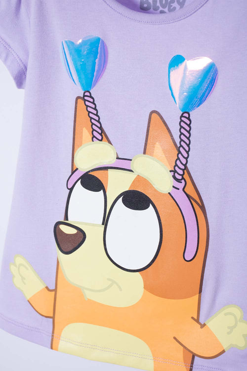 CAMISETA DE BLUEY LILA ESTAMPADA EN FRENTE PARA NIÑA 2T A 6T