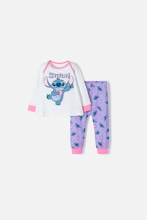 Card slide image -  PIJAMA DE STITCH CON PANTALÓN BLANCO Y LILA PARA BEBÉ NIÑA
