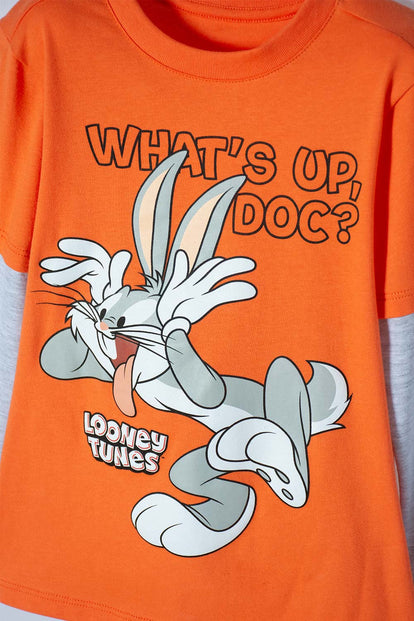 CAMISETA DE BUGS BUNNY NARANJA Y GRIS MANGA LARGA PARA NIÑO 2T A 5T