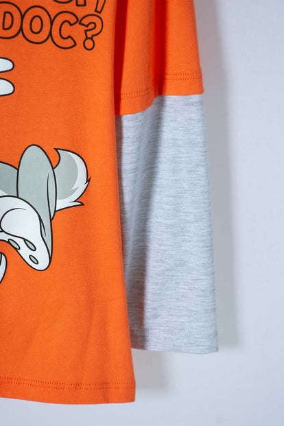 CAMISETA DE BUGS BUNNY NARANJA Y GRIS MANGA LARGA PARA NIÑO 2T A 5T