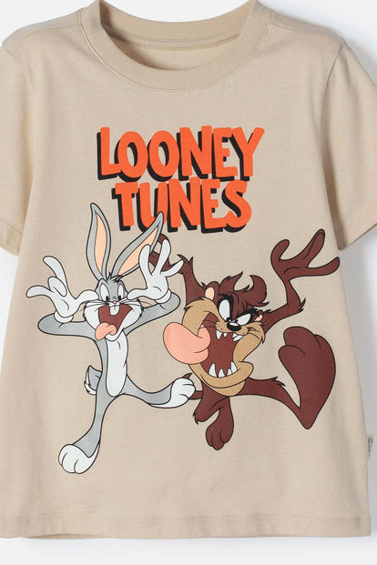 CONJUNTO DE LOS LOONEY TUNES CAQUI Y GRIS CON JOGGER PARA NIÑO 2T A 5T