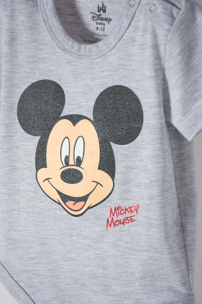 BODY DE MICKEY MOUSE GRIS JASPE ESTAMPADO EN FRENTE PARA BEBÉ NIÑO