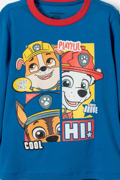 PIJAMA DE PAW PATROL CON PANTALÓN LARGO AZUL Y ROJO PARA NIÑO 2T A 6T