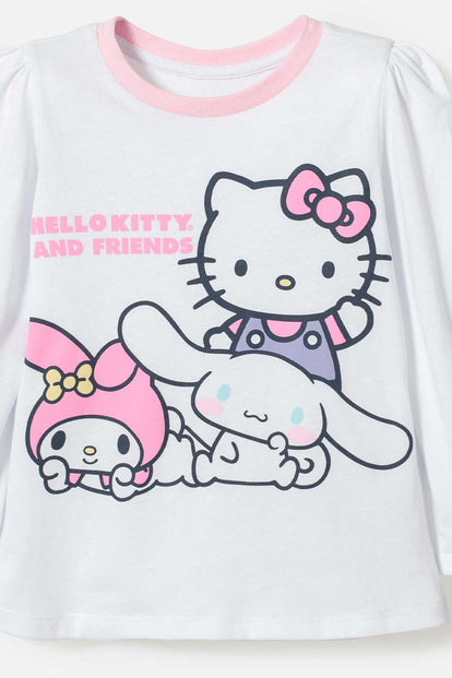 PIJAMA DE HELLO KITTY BLANCA Y ROSADA DE CAMISETA MANGA LARGA PARA NIÑA 2T A 5T