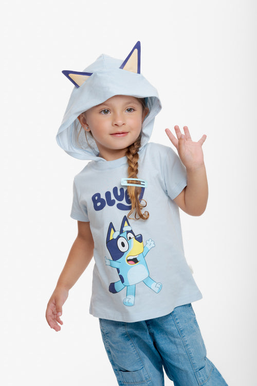 CAMISETA DE BLUEY CON CAPUCHA AZUL PARA NIÑA 2T A 6T