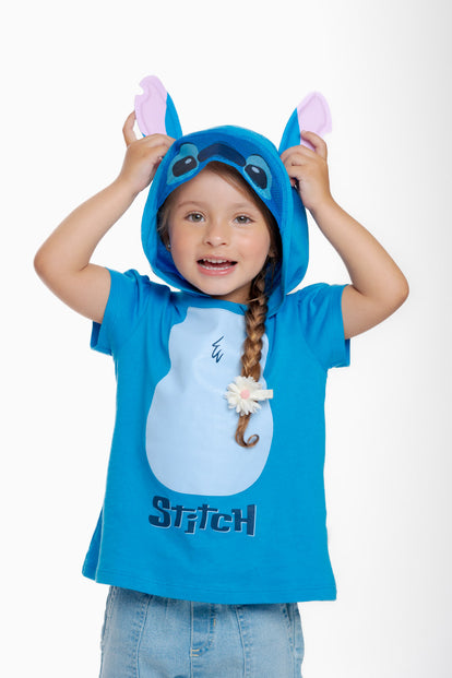 CAMISETA DE STITCH CON CAPUCHA AZUL PARA NIÑA 2T A 5T