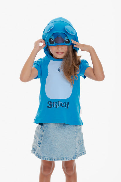 CAMISETA DE STITCH CON CAPUCHA AZUL PARA NIÑA 2T A 5T