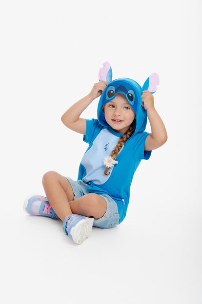 CAMISETA DE STITCH CON CAPUCHA AZUL PARA NIÑA 2T A 5T