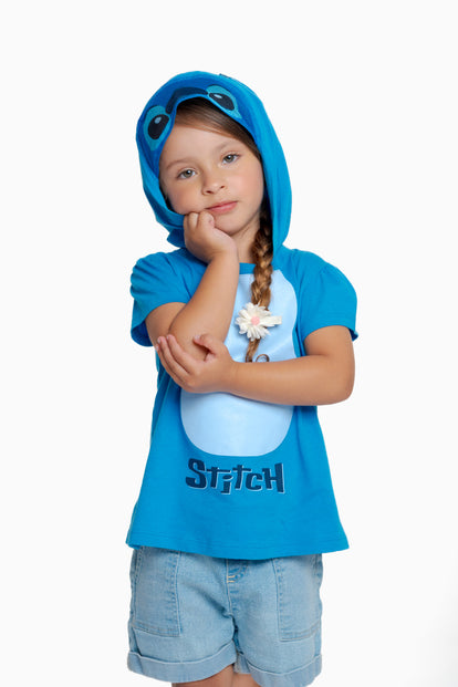 CAMISETA DE STITCH CON CAPUCHA AZUL PARA NIÑA 2T A 5T