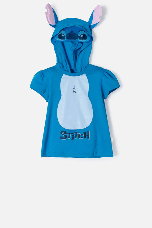 CAMISETA DE STITCH CON CAPUCHA AZUL PARA NIÑA 2T A 5T