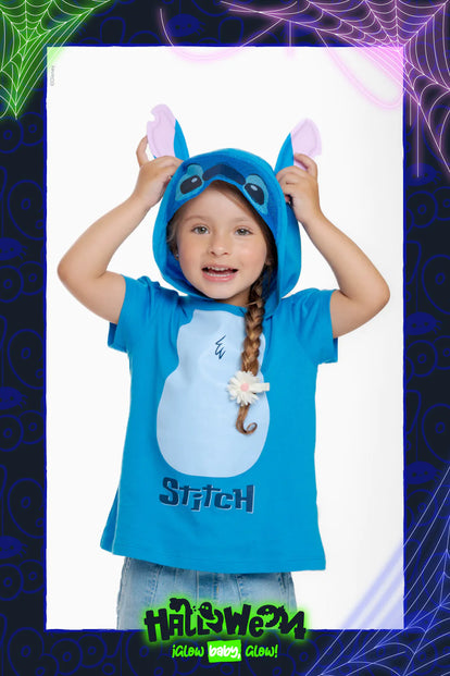 CAMISETA DE STITCH CON CAPUCHA AZUL PARA NIÑA 2T A 5T