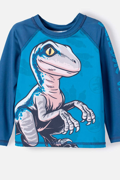CONJUNTO DE BAÑO DE JURASSIC WORLD AZUL DE CAMISETA MANGA LARGA PARA NIÑO 2T A 5T