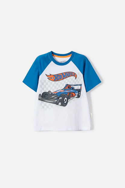 CAMISETA DE HOT WHEELS MANGA CORTA AZUL Y BLANCO PARA NIÑO 2T A 6T