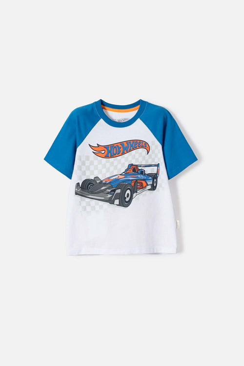 CAMISETA DE HOT WHEELS MANGA CORTA AZUL Y BLANCO PARA NIÑO 2T A 6T