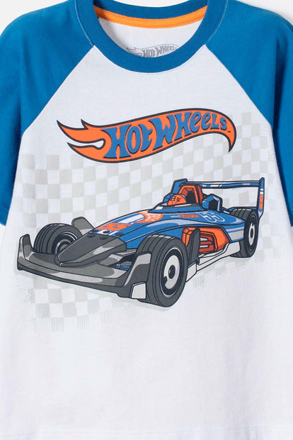 CAMISETA DE HOT WHEELS MANGA CORTA AZUL Y BLANCO PARA NIÑO 2T A 6T