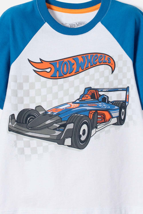 CAMISETA DE HOT WHEELS MANGA CORTA AZUL Y BLANCO PARA NIÑO 2T A 6T