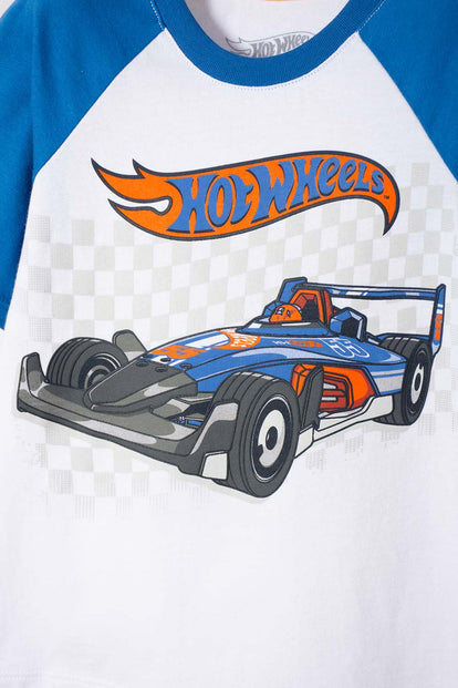 CAMISETA DE HOT WHEELS MANGA CORTA AZUL Y BLANCO PARA NIÑO 2T A 6T