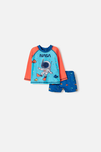 CONJUNTO DE BAÑO DE LA NASA AZUL Y NARANJA PARA BEBÉ NIÑO