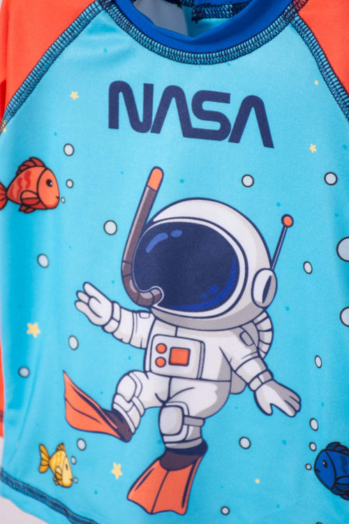 CONJUNTO DE BAÑO DE LA NASA AZUL Y NARANJA PARA BEBÉ NIÑO