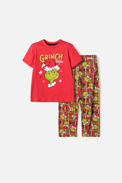 PIJAMA DE GRINCH PANTALÓN LARGO ROJO PARA NIÑO UNISEX 2T A 5T