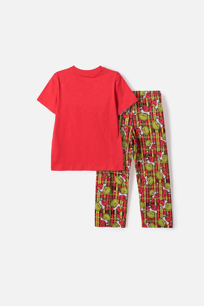 PIJAMA DE GRINCH PANTALÓN LARGO ROJO PARA NIÑO UNISEX 2T A 5T