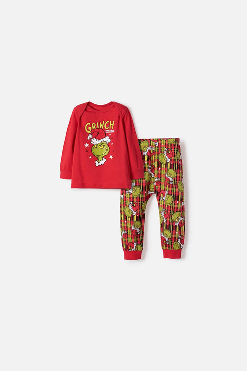 PIJAMA DE GRINCH CON PANTALÓN LARGO ROJO PARA BEBÉ UNISEX