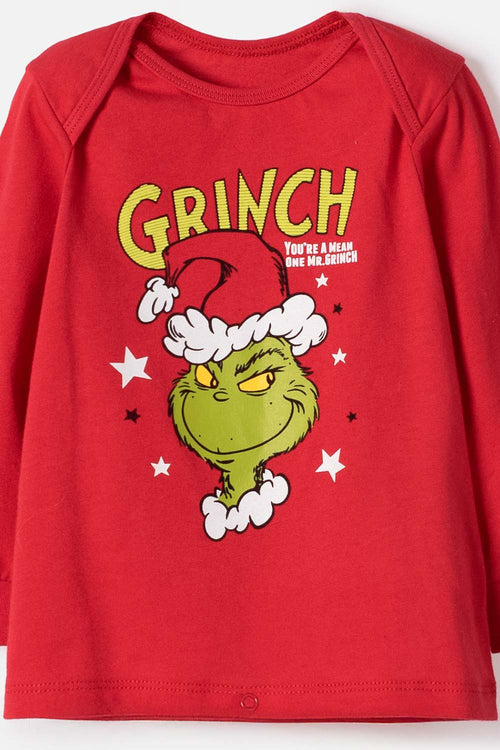 PIJAMA DE GRINCH CON PANTALÓN LARGO ROJO PARA BEBÉ UNISEX