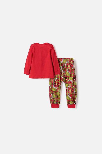 PIJAMA DE GRINCH CON PANTALÓN LARGO ROJO PARA BEBÉ UNISEX