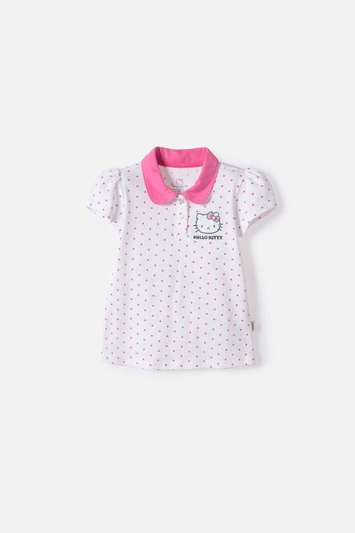 CAMISETA TIPO POLO DE HELLO KITTY BLANCO Y ROSADO PARA NIÑA 2T A 6T