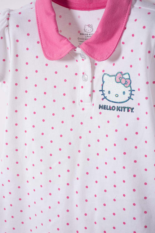 CAMISETA TIPO POLO DE HELLO KITTY BLANCO Y ROSADO PARA NIÑA 2T A 6T