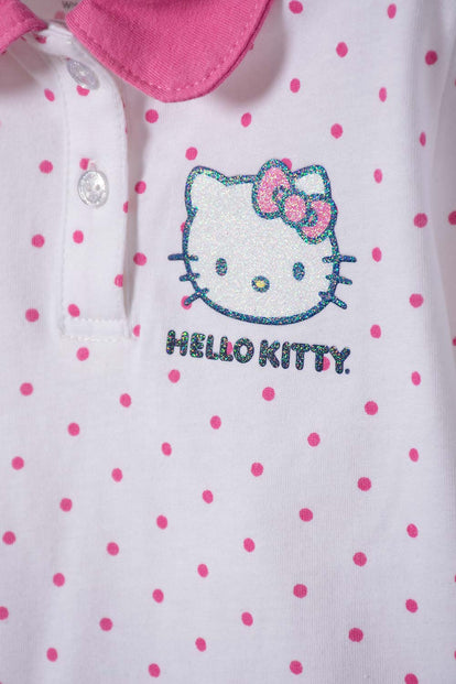 CAMISETA TIPO POLO DE HELLO KITTY BLANCO Y ROSADO PARA NIÑA 2T A 6T