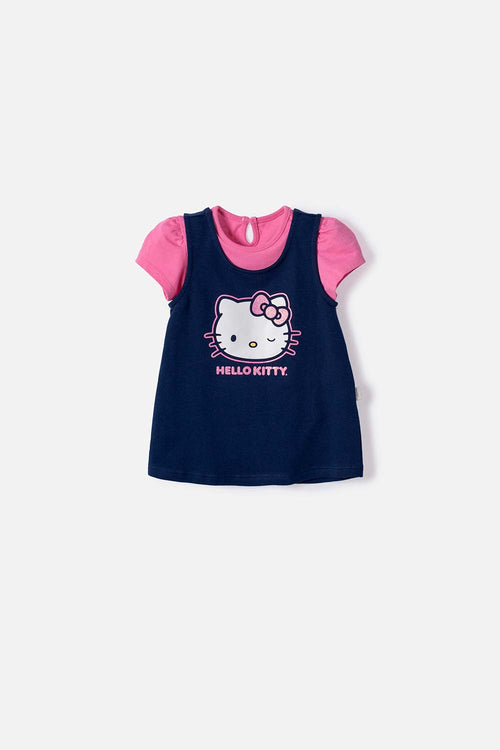 VESTIDO DE HELLO KITTY MANGA CORTA AZUL Y ROSADO PARA BEBÉ NIÑA