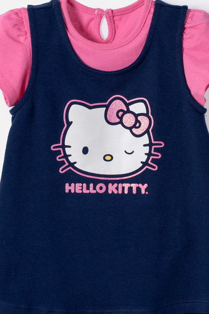 VESTIDO DE HELLO KITTY MANGA CORTA AZUL Y ROSADO PARA BEBÉ NIÑA