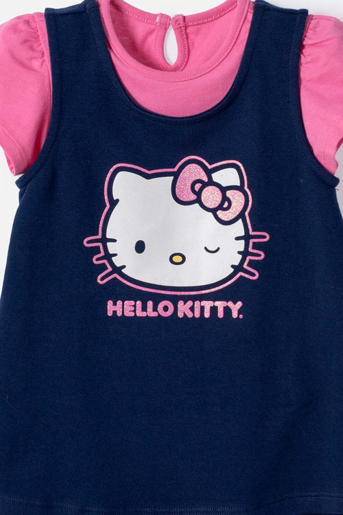 VESTIDO DE HELLO KITTY MANGA CORTA AZUL Y ROSADO PARA BEBÉ NIÑA