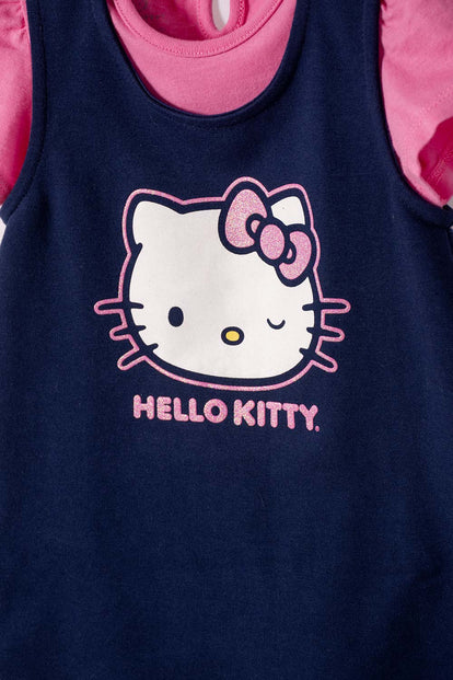 VESTIDO DE HELLO KITTY MANGA CORTA AZUL Y ROSADO PARA BEBÉ NIÑA