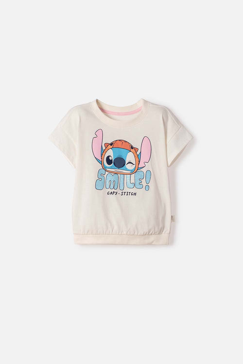 CAMISETA DE STITCH Y CAPYBARA MANGA CORTA MARFIL PARA NIÑA