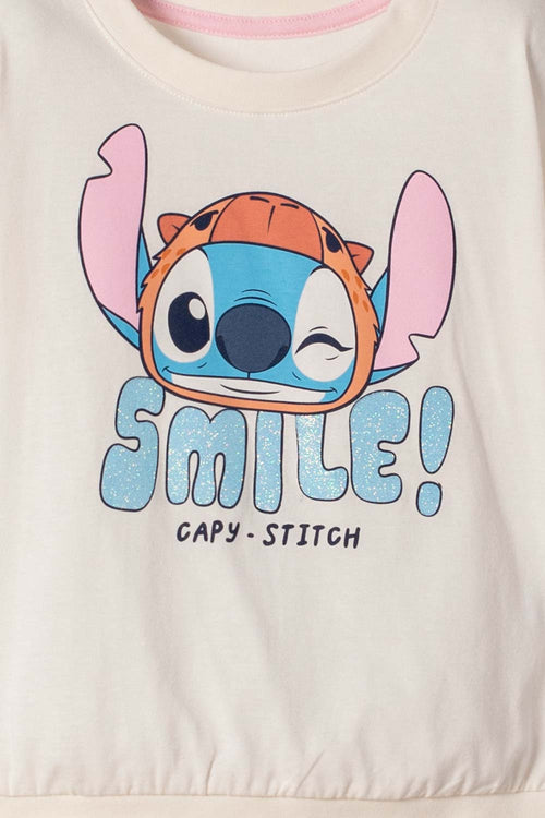 CAMISETA DE STITCH Y CAPYBARA MANGA CORTA MARFIL PARA NIÑA