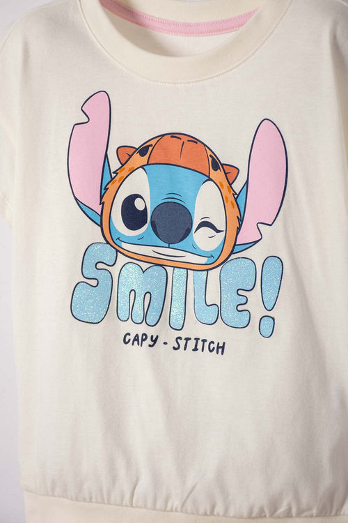 CAMISETA DE STITCH Y CAPYBARA MANGA CORTA MARFIL PARA NIÑA