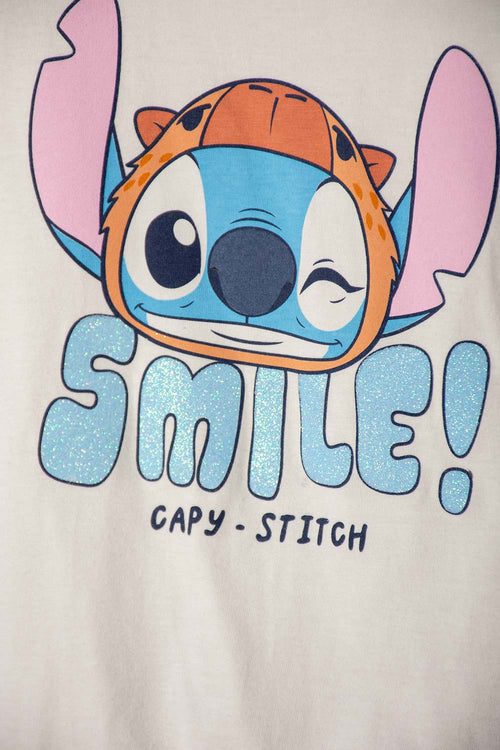 CAMISETA DE STITCH Y CAPYBARA MANGA CORTA MARFIL PARA NIÑA