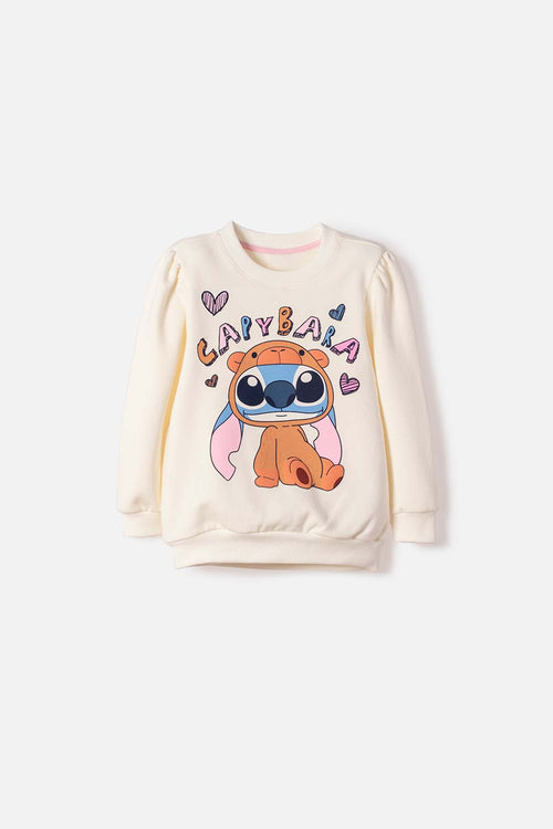 BUZO DE STITCH Y CABYBARA CERRADO MARFIL PARA NIÑA 2T A 6T