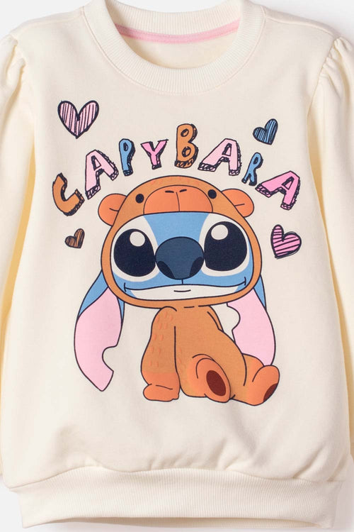 BUZO DE STITCH Y CABYBARA CERRADO MARFIL PARA NIÑA 2T A 6T