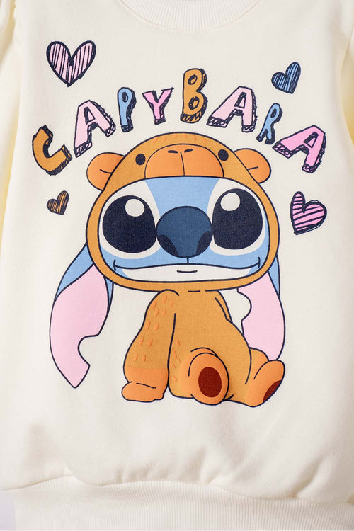 BUZO DE STITCH Y CABYBARA CERRADO MARFIL PARA NIÑA 2T A 6T