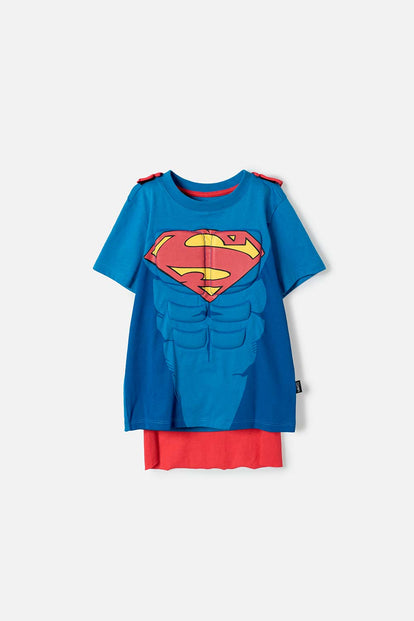 CAMISETA DE SUPERMAN CON CAPA AZUL Y ROJO PARA NIÑO 2T A 6T