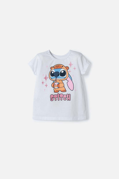 CAMISETA DE STITCH Y CAPYBARA MANGA CORTA BLANCO PARA NIÑA 2T A 6T