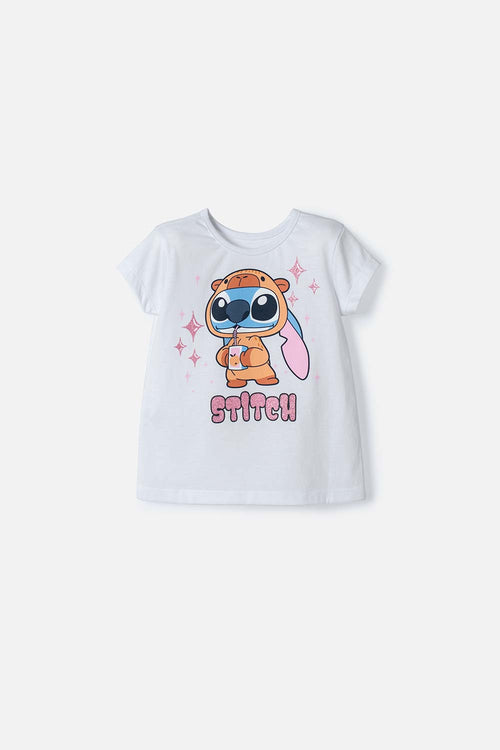 CAMISETA DE STITCH Y CAPYBARA MANGA CORTA BLANCO PARA NIÑA 2T A 6T