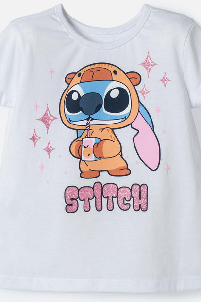 CAMISETA DE STITCH Y CAPYBARA MANGA CORTA BLANCO PARA NIÑA 2T A 6T
