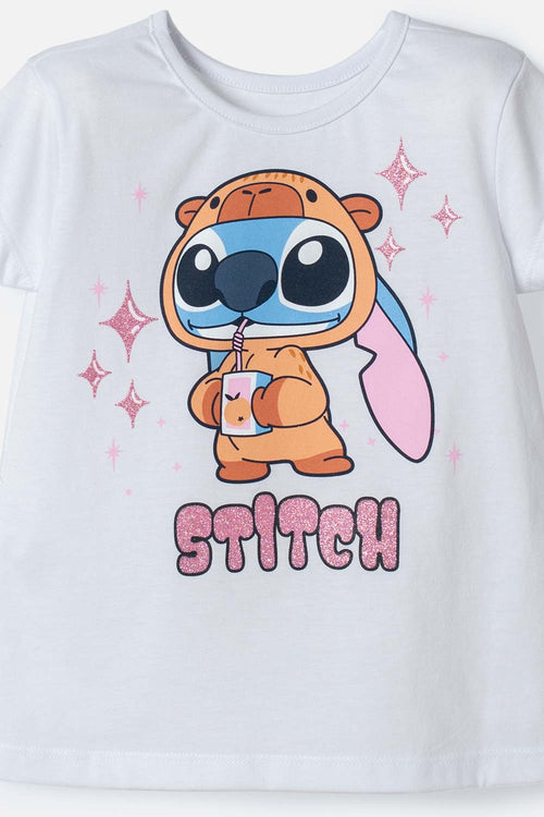 CAMISETA DE STITCH Y CAPYBARA MANGA CORTA BLANCO PARA NIÑA 2T A 6T