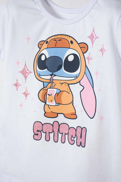 CAMISETA DE STITCH Y CAPYBARA MANGA CORTA BLANCO PARA NIÑA 2T A 6T